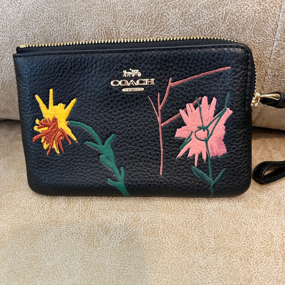 Coach Black Wristlet with Colorful Floral Design